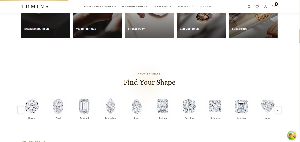 Lumina — homepage with category tiles and Shop by Shape diamond carousel